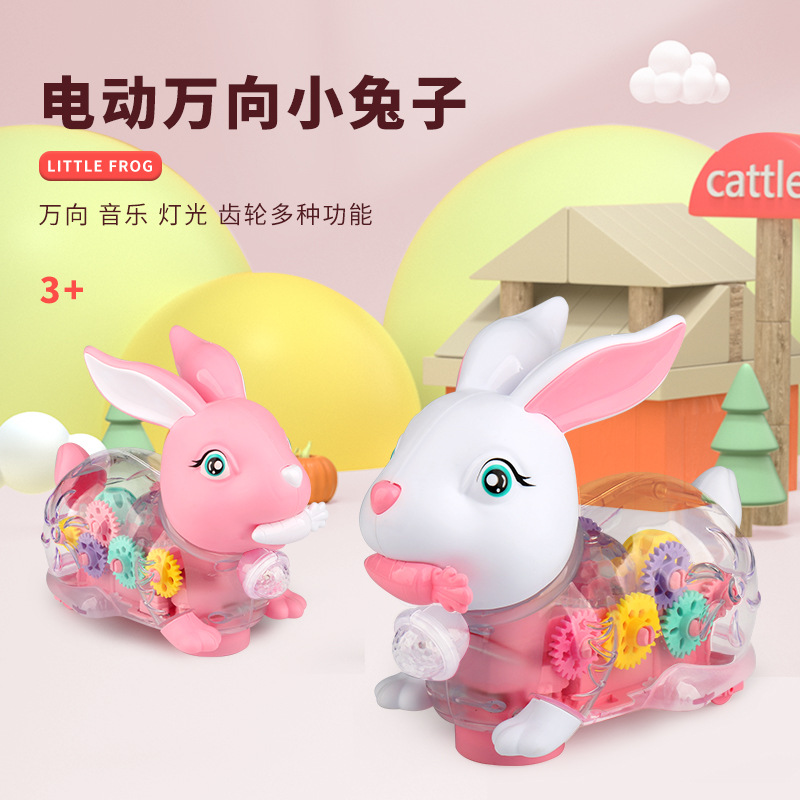 Conejo año mascota eléctrica UNIVERSAL TRANSPARENTE engranaje conejo música luz pequeño conejo blanco simulación animal juguete