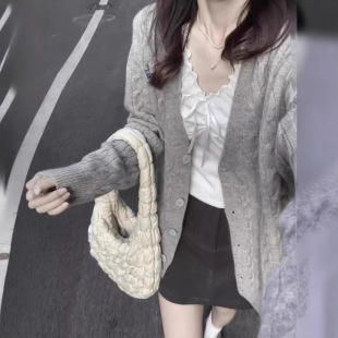 Plus Size Gray Lazy Style V Neck Twist Knitted Cardigan for Women Autum New Loose Mid-Length Sweater Jacket