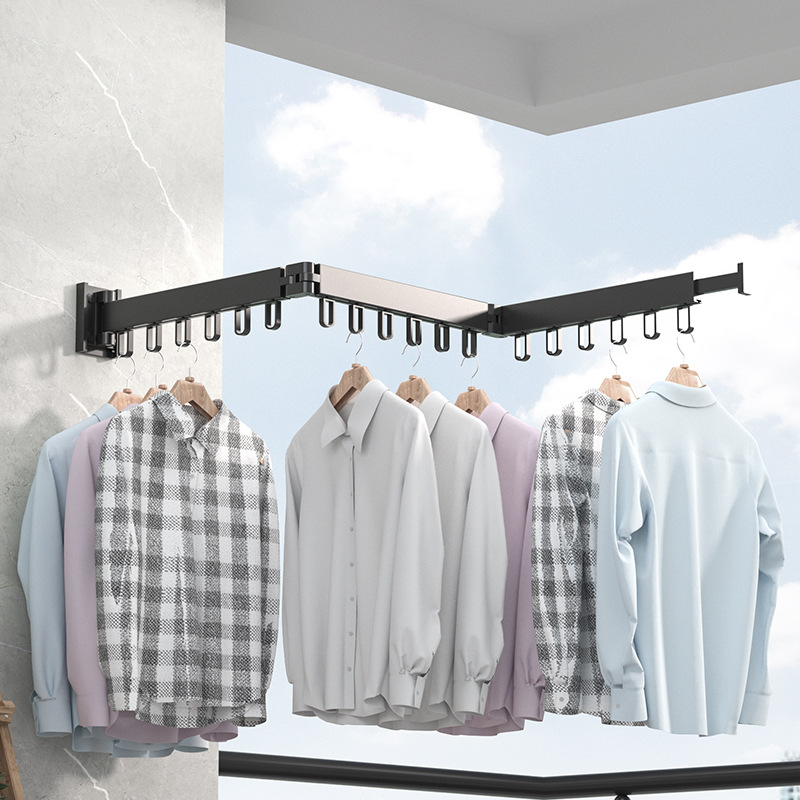 Jixit Space Aluminum Drying Hanger Balcony Folding Storage Rack Invisible Clothes Rod Rotatable Telescopic Hanger