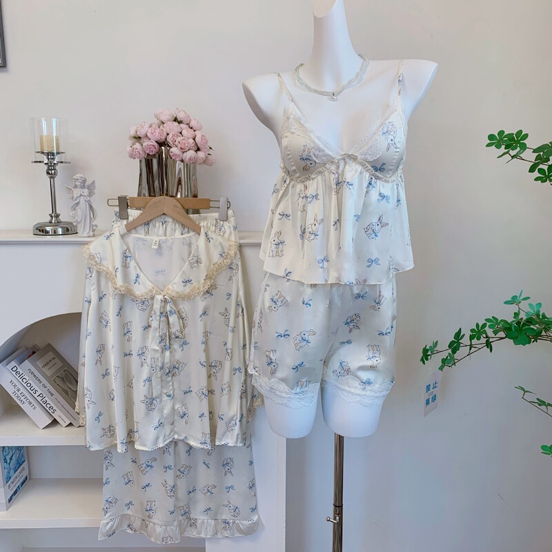 [Sea Salt Bunny] Doll Collar Pajamas and Pants Pure Lust Lace Ice and Snow Silk Home Clothes High-End Four-Piece Set