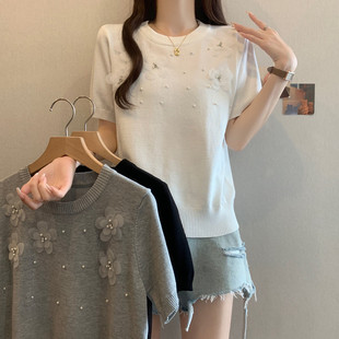 Plus Size Women's Summer Heavy Beaded Three-Dimensional Flower Short-Sleeve T-Shirt for Chubby Women, Fashionable Versatile Knit Top