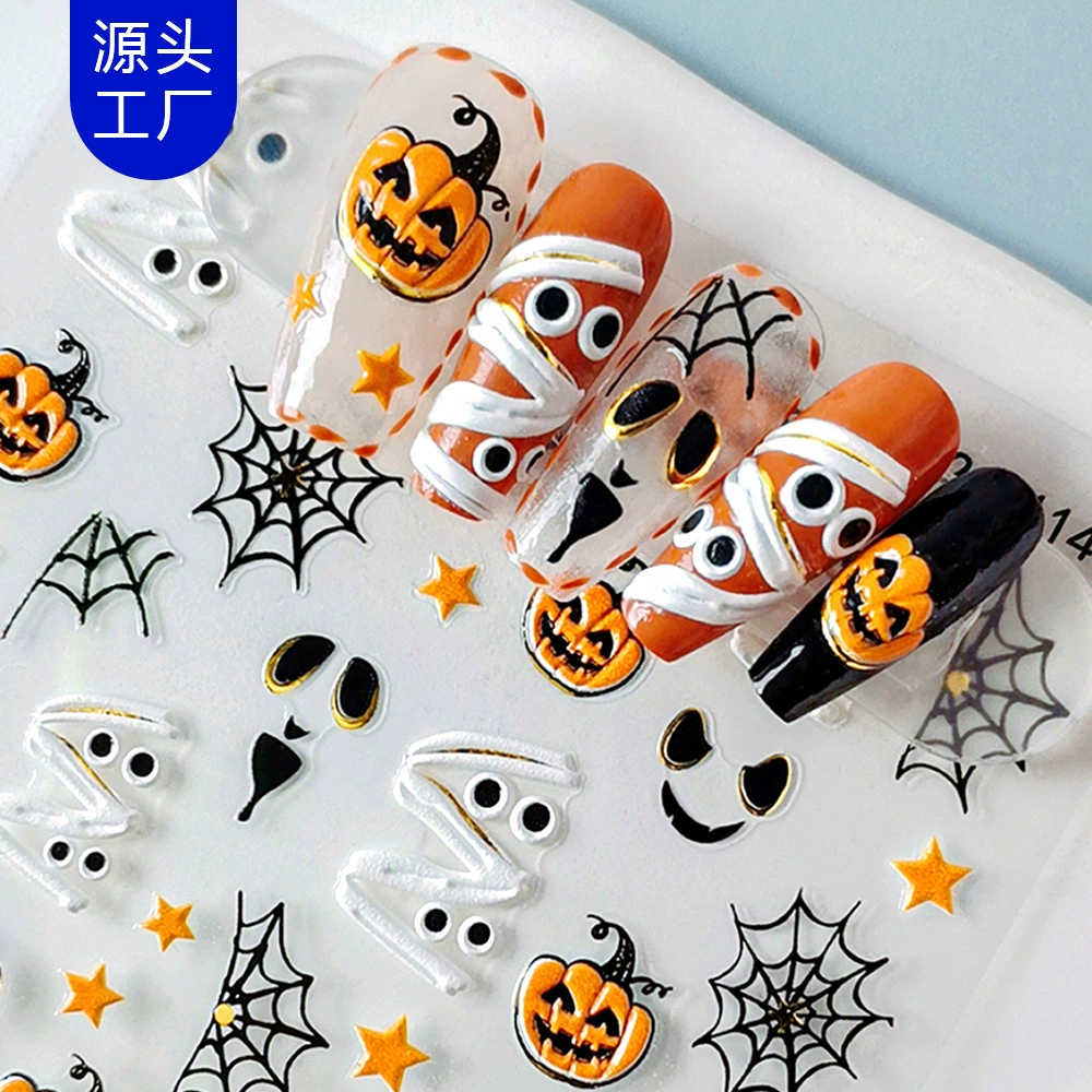 Новые европейские и американские тисненные наклейки для дизайна ногтей на Хэллоуин, милые и крутые самоклеящиеся трехмерные наклейки для ногтей с мумией, аксессуары