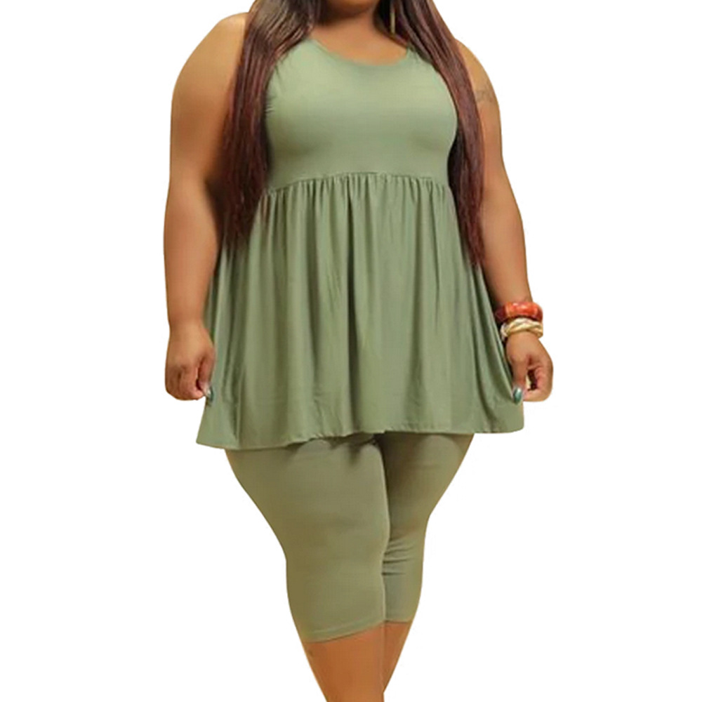 plus size sleeveless pleated skirt top 5 points pants two-piece set Nihaostyles wholesale clothing vendor NSCYF73110