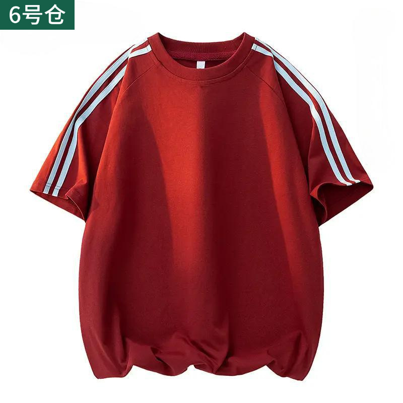 Red Stripesd Men's Short-Sleeved T-Shirt Summer Thin 2025 New Trendyy Loose Round Neck Half-Sleeve