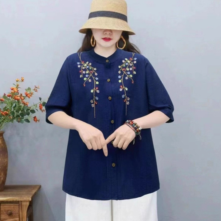 2023夏季新款白色衬衣韩版刺绣天丝棉麻衬衫女立领开衫衬衫女文艺