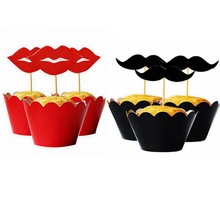 浪漫红嘴唇绅士黑胡子纸杯蛋糕围边插牌套装婚礼舞会生日派对装饰