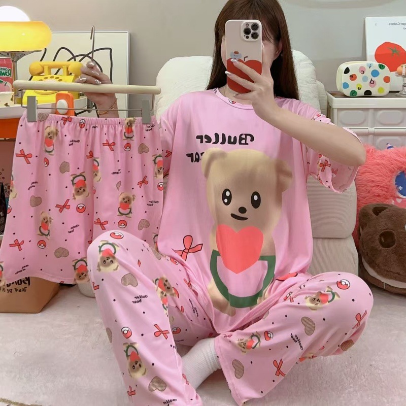 Pijamas de verano transfronterizos pijamas de leche de seda de tres piezas set de dibujos animados comercio exterior ropa para el hogar pantalones de mangas cortas lindos