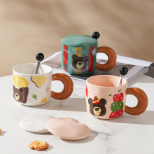 可爱复古马克杯带盖咖啡杯子女卡通小熊面包陶瓷伴手礼陶瓷女杯