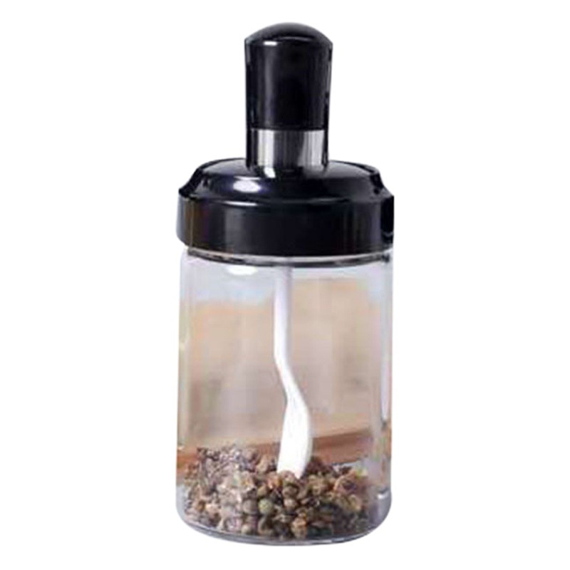 Suministros de cocina condimento tarro combinación traje cuchara cubierta integrada vidrio condimento botella sal tarro condimento caja de vidrio al por mayor
