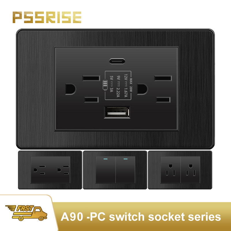 Taiwan wall socket brushed black PC American 15A switch socket 110V concealed USB type-c Taiwan wall socket brushed black PC American 15A switch socket 110V concealed USB type-c