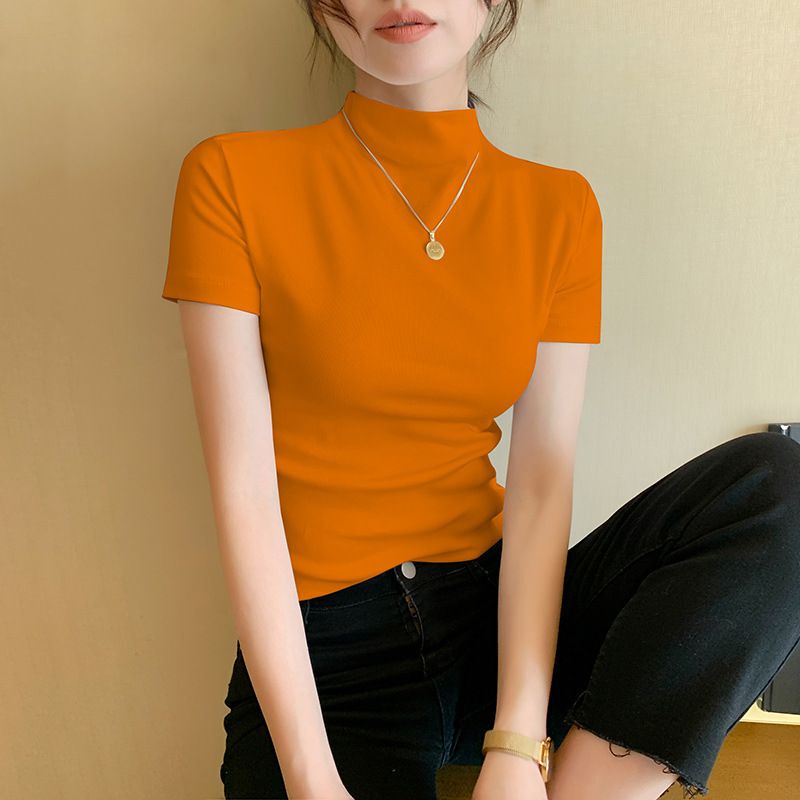 Orange Half Turtleneck Short-Sleeved T-Shirt for Women in Summer, New Versatile Slim-Fitting Bottoming Top for Outer Wear