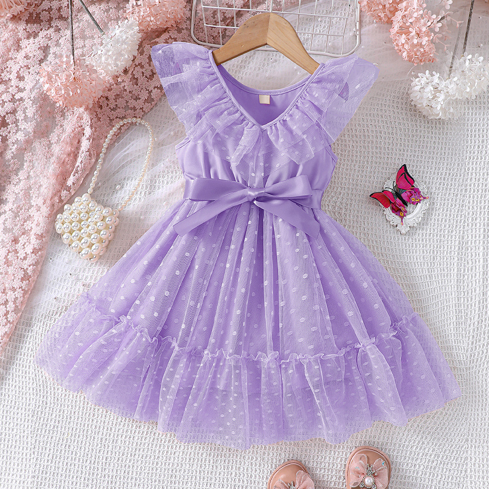 EW外贸童装 中小童新品女童春夏款花边圆点拼接网纱连衣裙Q1355-D