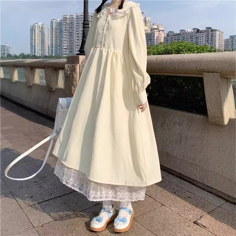 2024春秋装新款宽松日系软妹蕾丝花边娃娃领长袖连衣裙气质长裙潮