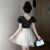 Sexy contrasting color waistband short sleeved large hem fluffy short dress