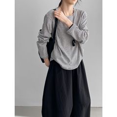 那末日常好搭配～韩系圆领条纹长袖t恤女慵懒休闲百搭上衣H2308