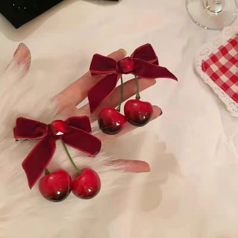 Cross-Border Hair Accessories Duckbill Clip Red Cherry Velvet Bow Hairpin Side Clip Bangs Hairpin Hair Ornaments Cross-Border Hair Accessories Duckbill Clip Red Cherry Velvet Bow Hairpin Side Clip Bangs Hairpin Hair Ornaments