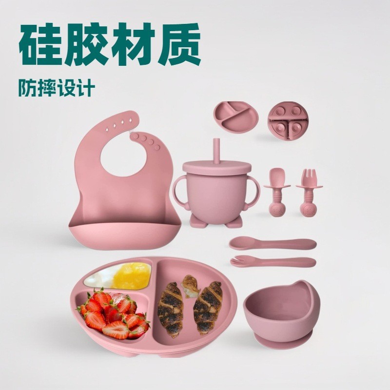 Conjunto de 8 piezas de artículos para niños y madres, cubiertos para bebés, platos para niños, platos de silicona, cubiertos
