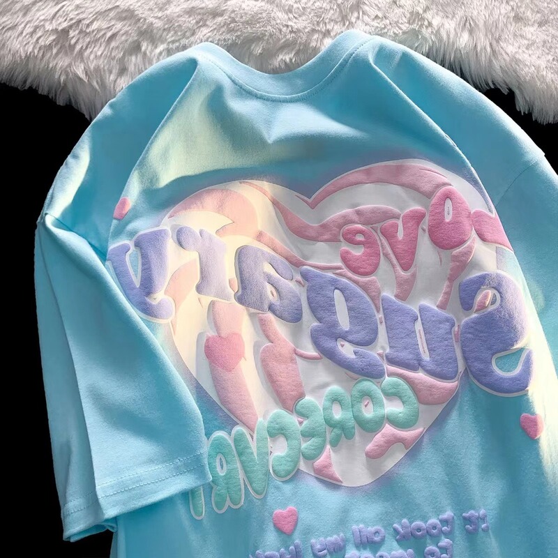 White Milk Blue Cotton Short-sleeved T-shirt Women's Loose oversize Love Sweet Hot Top Design Niche Summer