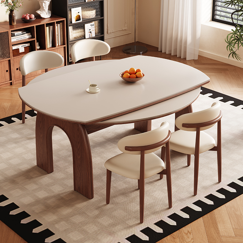 Medieval-Style Solid Wood Slate Dining Table for Home Use in Small Apartments, Convertible into a Round Table, Retro Arc De Triomphe Retractable Dining Table