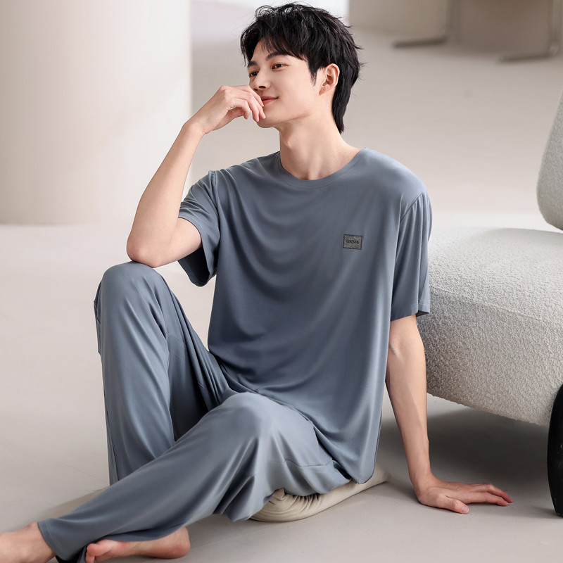 モーダルパジャマ男性夏の薄い氷糸半袖ズボン2点セットの大きいサイズの丸首カバーの家庭服