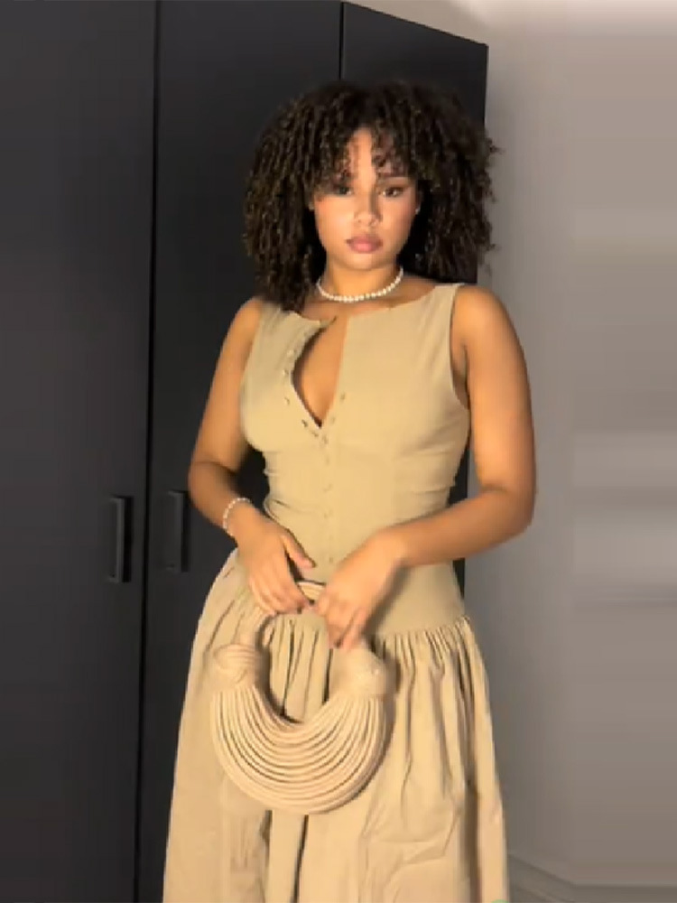 French Style Solid Hollow Out Sleeveless Waist Cinched Dress Women's Single Breasted Slim Fit Mid Length Vacation Long Dress_ecoleips.com
