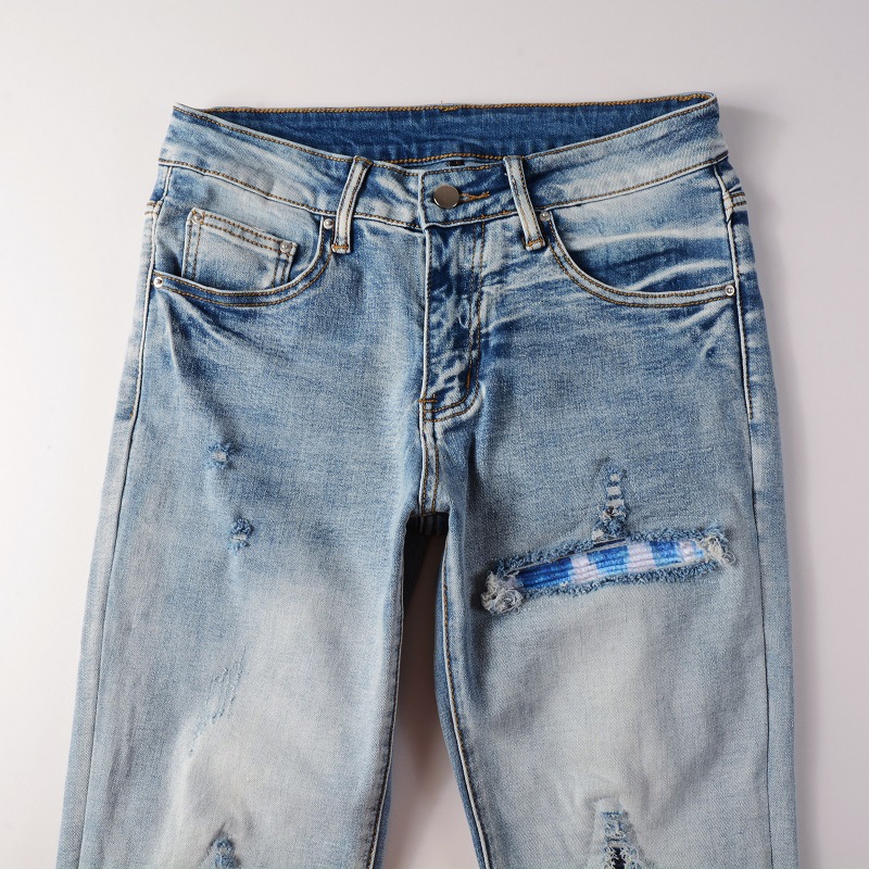 Herrenbekleidung im gleichen Stil, Katzenschnurrhaare, zerknitterte Farbe, Patchwork, Lederpatch, Loch, elastische Slim Fit-Röhrenjeans_voghion.com