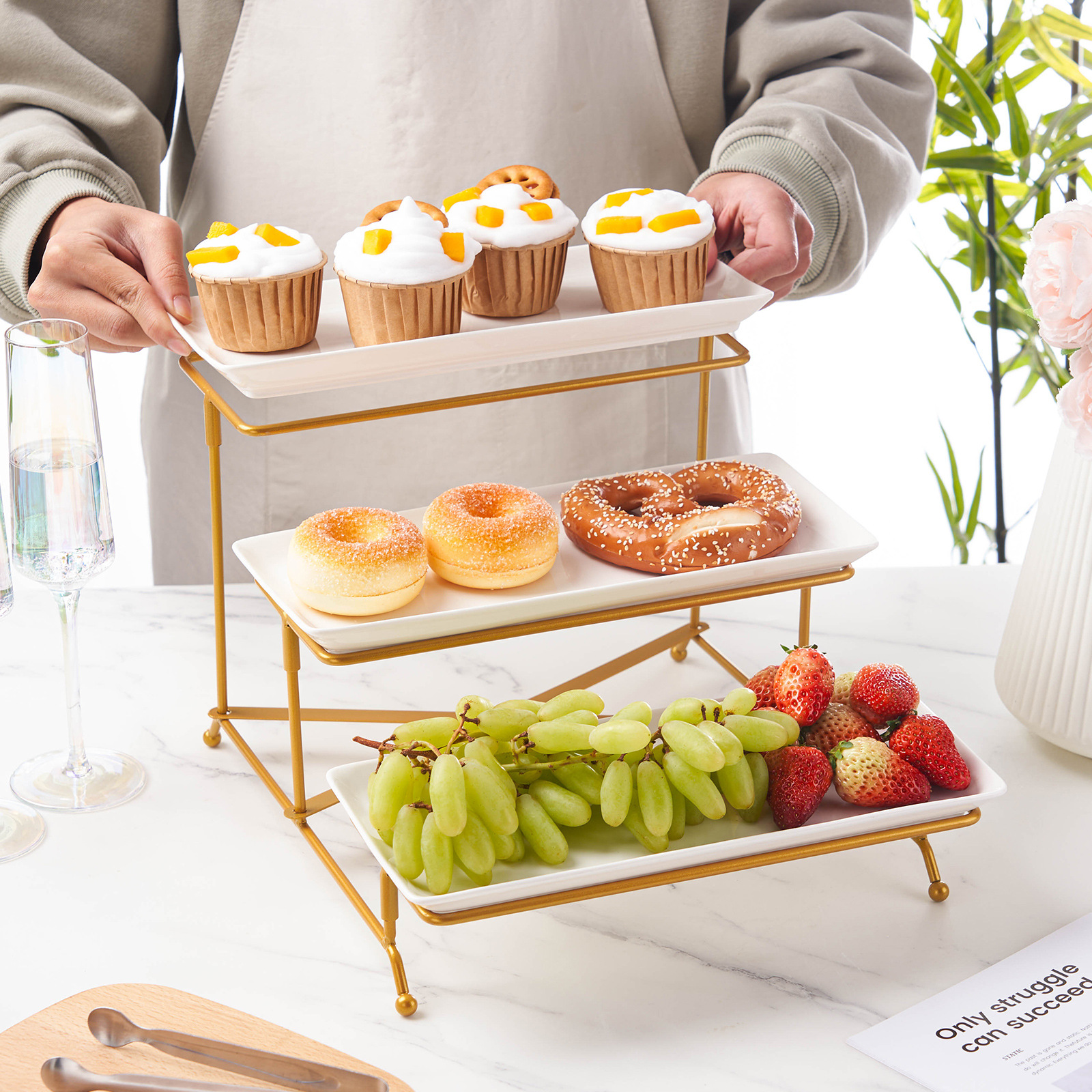 Soporte de pastel de cerámica de 3 niveles, bandeja para postres y frutas, buffet de hotel