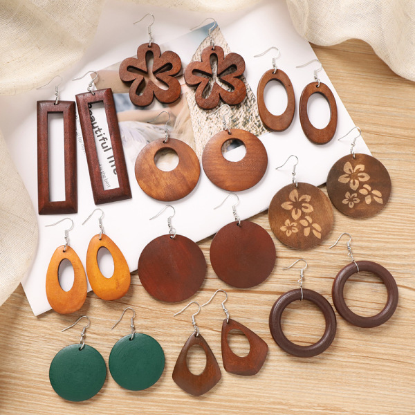 Demi-season retro wooden earrings