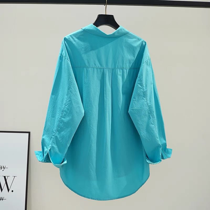Turquoise Green Cotton Shirt for Women, Simple Design, Loose Mid-Length Shirt, 2026 Spring and Autumn Versatile Casual Shirt Turquoise Green Cotton Shirt for Women, Simple Design, Loose Mid-Length Shirt, 2026 Spring and Autumn Versatile Casual Shirt