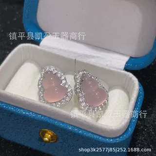 批发925银针镶嵌白玉髓葫芦耳钉绿玛瑙女款葫芦玉石耳环直播供货