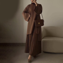 2024秋季欧美外贸女装圆领宽松休闲上衣复古气质百褶半身裙套装女