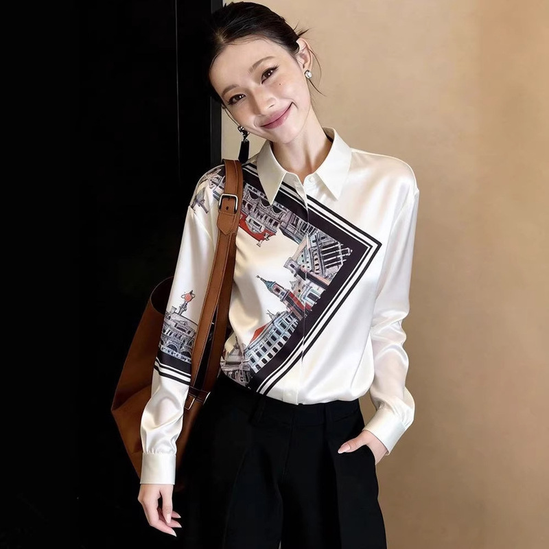 Korean-Style Lapel Printed Patchwork Long-Sleeve Shirt for Women, New Spring/Summer Design, Niche Loose Casual Versatile Top Korean-Style Lapel Printed Patchwork Long-Sleeve Shirt for Women, New Spring/Summer Design, Niche Loose Casual Versatile Top