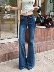 高个子加长不贴腿微喇牛仔裤女夏季美式复古低腰弹力直筒喇叭裤子