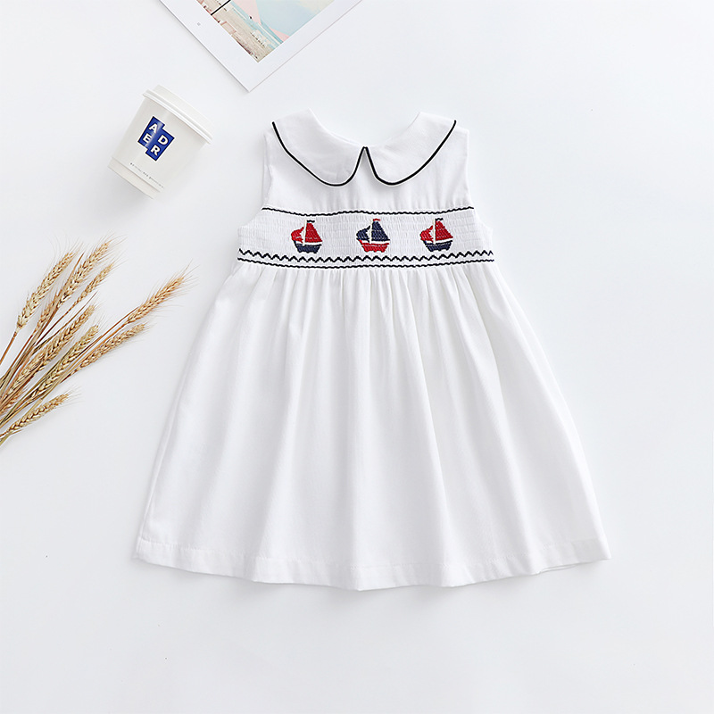 Summer girls' dress vintage embroidered sailing embroidery cotton European and American children's sleeveless princess dress foreign trade