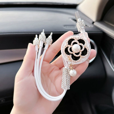 Car Charger Fast Charging Cigarette Mobil şarj cihazları - pearl-black-camellia-charging-cable-telescopic-three-in-one