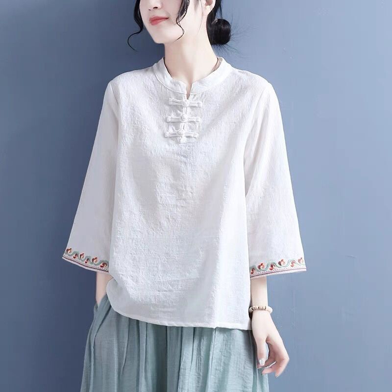Cotton Linen Jacquard Embroidered Horn Sleeve Shirt for Women 2025 Spring New Chinese Style Retro Buckle Collar