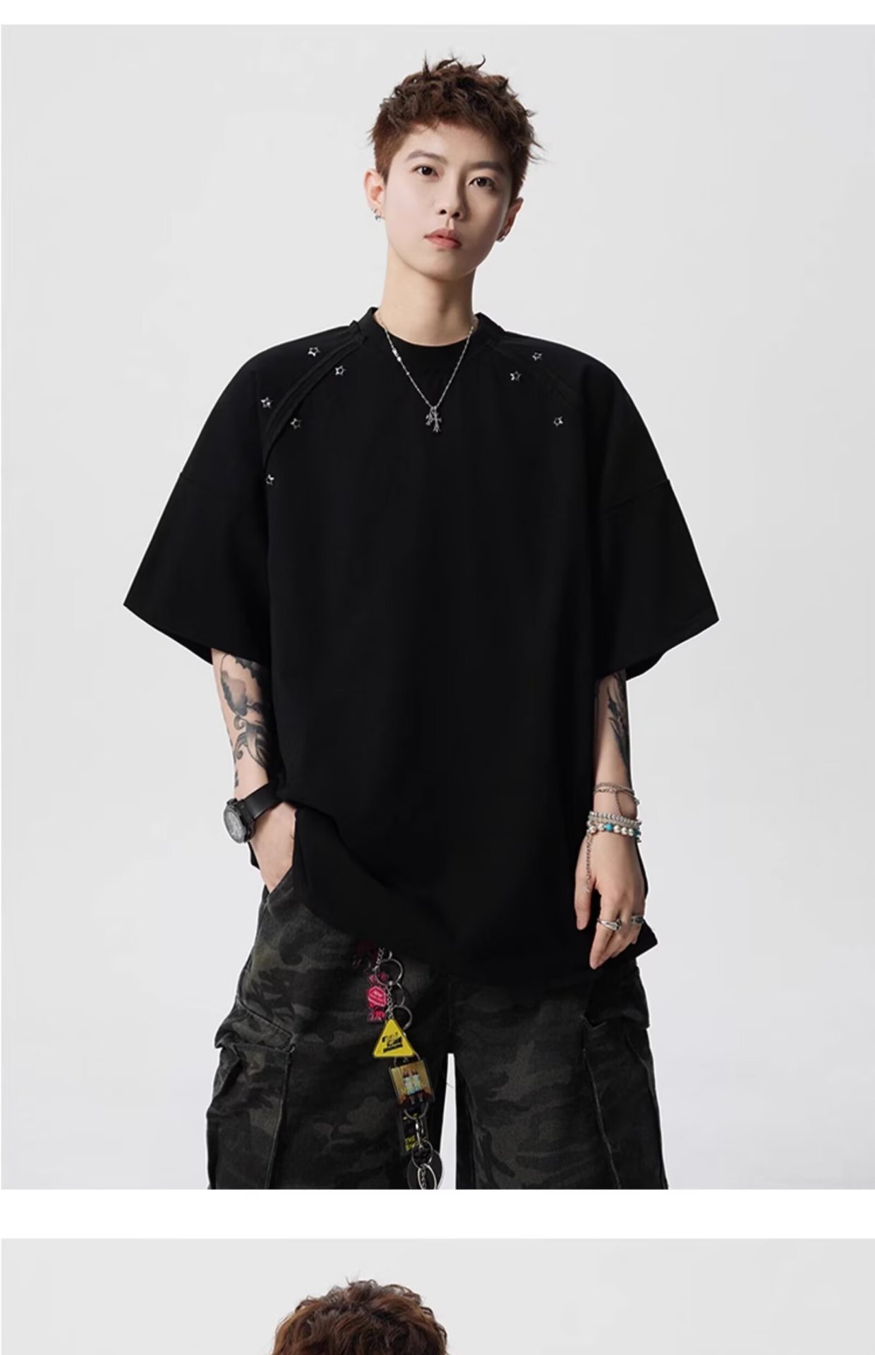 Summer Niche Willow Nails Embellished Decorative Design Sense Shoulder Pad T-shirt Men's Short-sleeved Casual Versatile Heavy T-shirt Top_viptrois.com