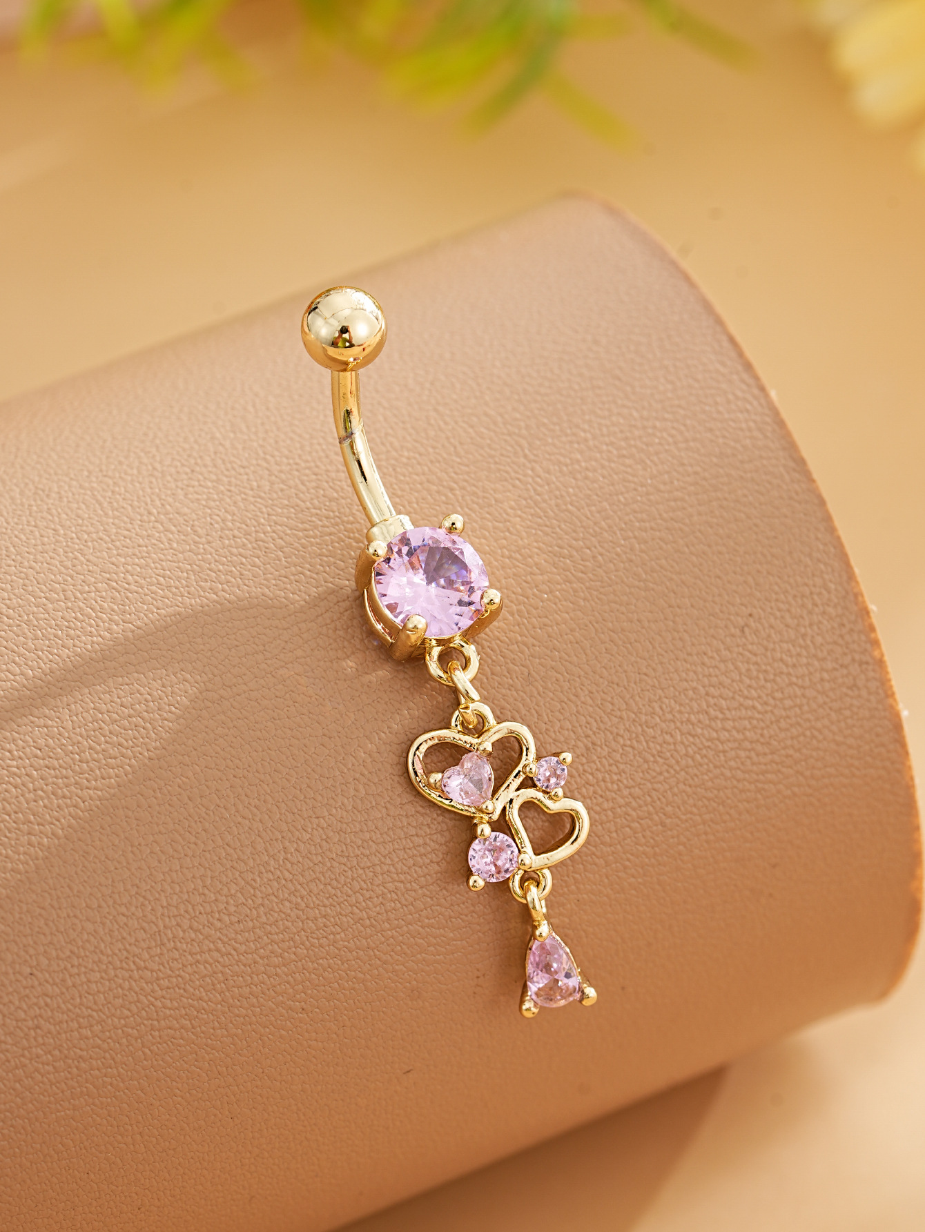 Heart-shaped Zirconia Belly Button Ring With Stainless Steel Chain_voghion.com