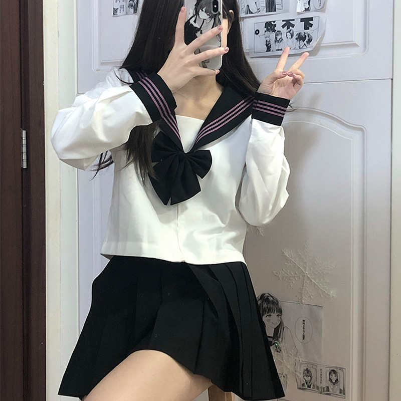 대학 스타일 기본 블랙 칼라 파우더 3 JK 정통 제복 세트 가을 및 겨울 선원 세트 여성 학생 수업 유니폼 교복