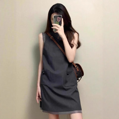 スポットハイエンドファッション通勤ベストドレス女性のシックなグレーのスーツ生地ノースリーブストレートショートスカート