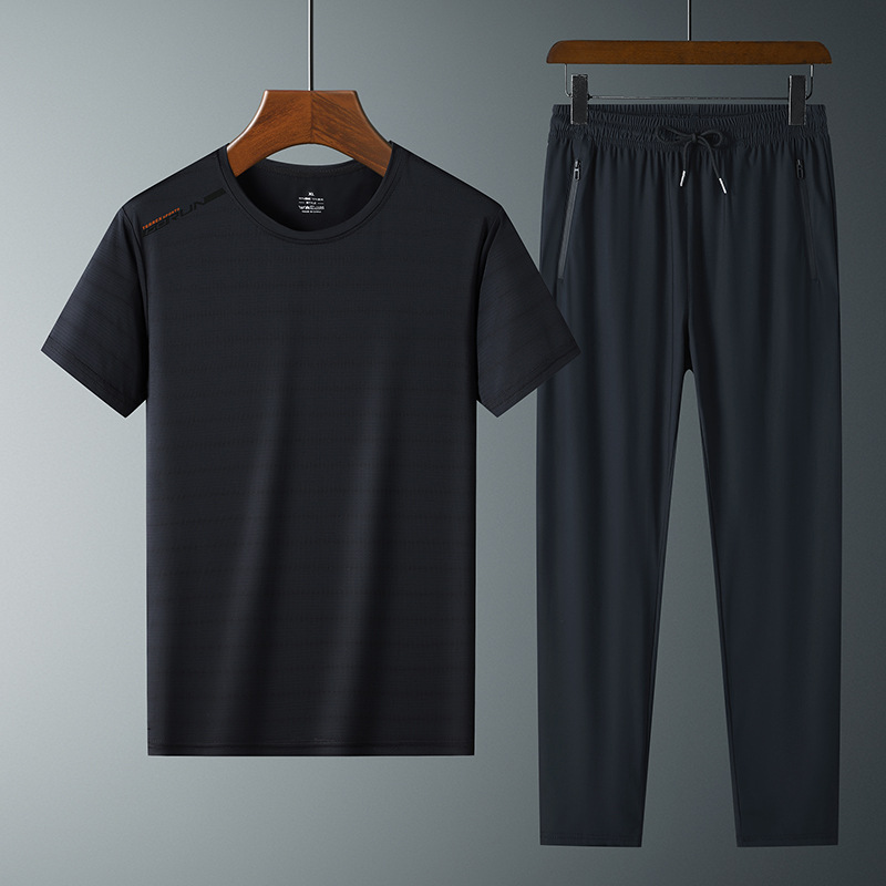 Moda pantalones de seda de hielo cuello redondo Camiseta de dos piezas para hombres talla grande suelta de secado rápido traje deportivo LOGO se puede formular