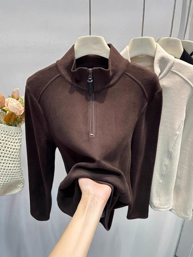 Half-Open Collar Zipper Fleece Base Shirt for Women Autumn/Winter Slimming Sweatshirt with Plush Warm Stand-up Collar Sweatshirt Thick T-shirt