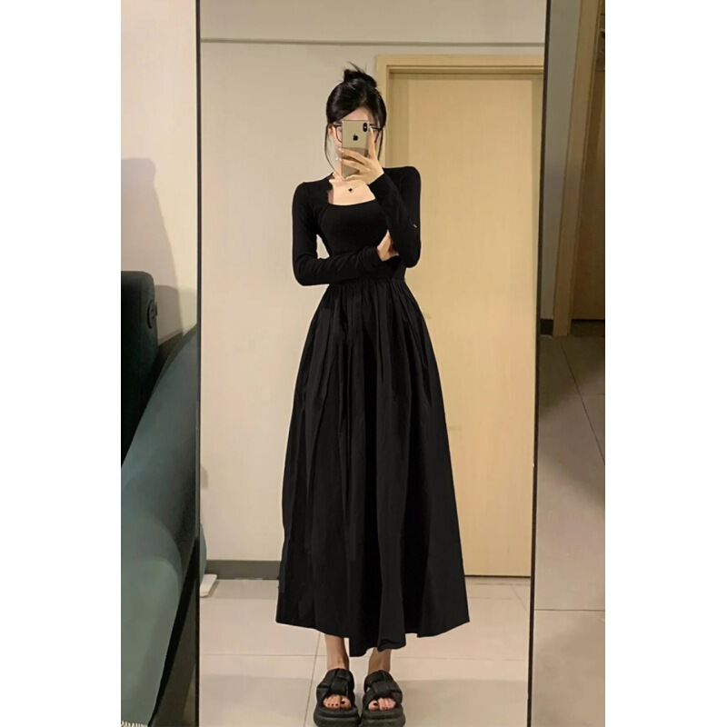 Autumn Dress Style High Waistline Dress Long Little Black Dress Autumn Long Dress Autumn Wear Amber Streamer Style
