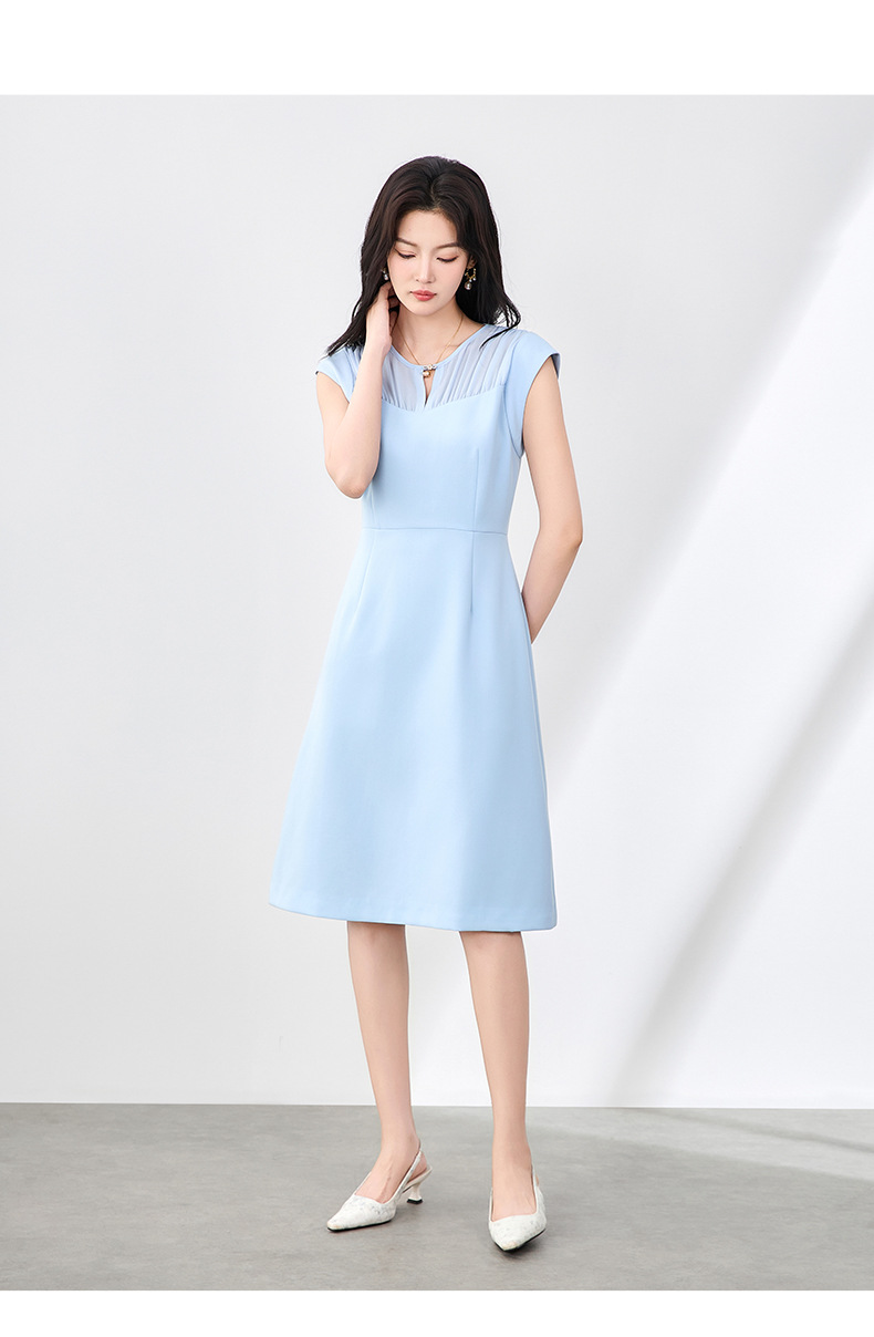Đầm vest chữ A không tay phối voan mùa hè — Màu xanh da trời chi tiết 10