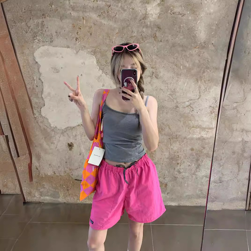 Pink Quick-Drying Casual Three-Quarter Shorts for Women Summer American Retro Drawstring High-Waisted Wide-Leg Pants Loose Straight Pants