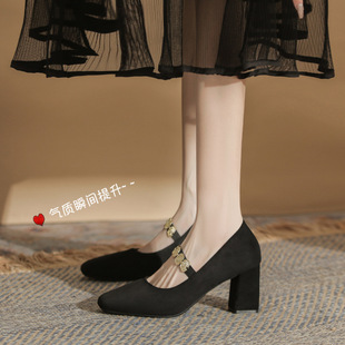 High-heeled shoes women's 2025 latest square toe thick heel plus size women's single-layer shoes fattened and widened commuter work shoes all-match shallow mouth