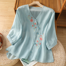 新中式国风重工刺绣上衣夏季薄款棉麻茶服V领七分袖衬衫女宽松