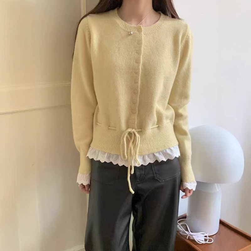 新年红色针织衫毛衣女冬季甜美风设计感荷叶边系带长袖打底衫上衣|undefined