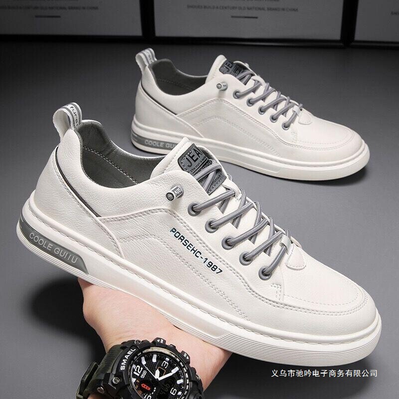 Genuine Leather Cowhide Men's Sneakers 2024 New Trendy Casual Shoes Versatile Leather Shoes Men's Slip-On White Shoes Men