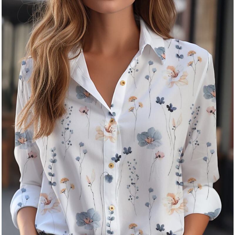 2025 Spring and Summer New European and American Clothing Cardigan Flower Mid-Length Sleeve Formal Shirt Women's Casual Versatile Long Sleeve